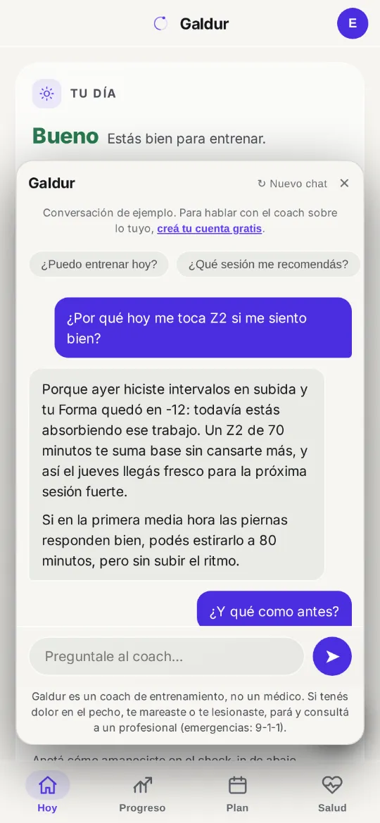 Chat con el coach de Galdur: explica por qué hoy toca un rodaje suave y qué comer antes.