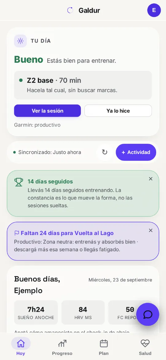 Pantalla Hoy de Galdur: la tarjeta Tu día con lo que toca entrenar y por qué.