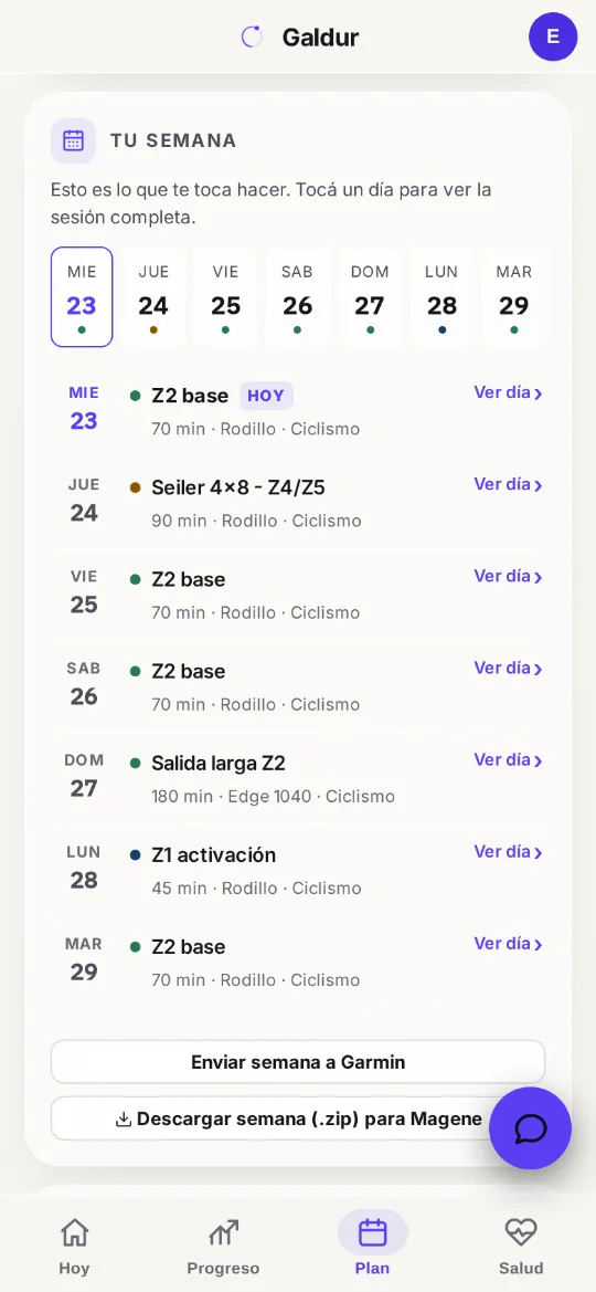 Pantalla Plan de Galdur: la semana con la sesión de cada día.